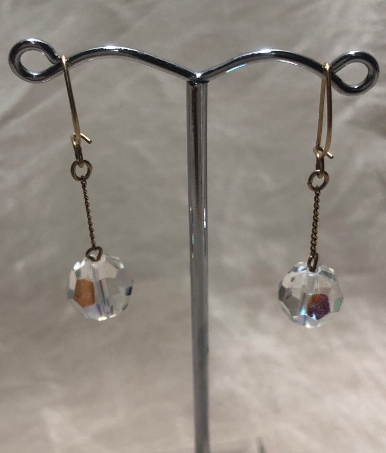 VINTAGE EARRINGS 14k GOLD CRYSTAL DANGLER AURORA BOREALIS DROP PIERCING