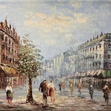 Vintage oil painting on canvas Paris street view, Unframed, Unsigned