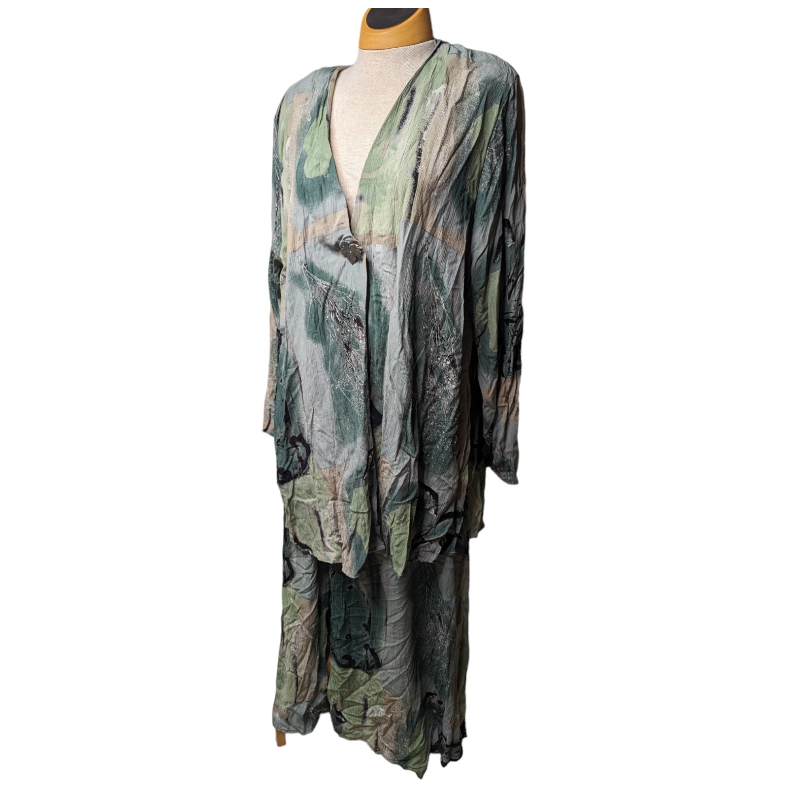 Vtg 1990s Melrose Green Abstract Lagenlook Fairycore Top Skirt 2 Pc Set M 10