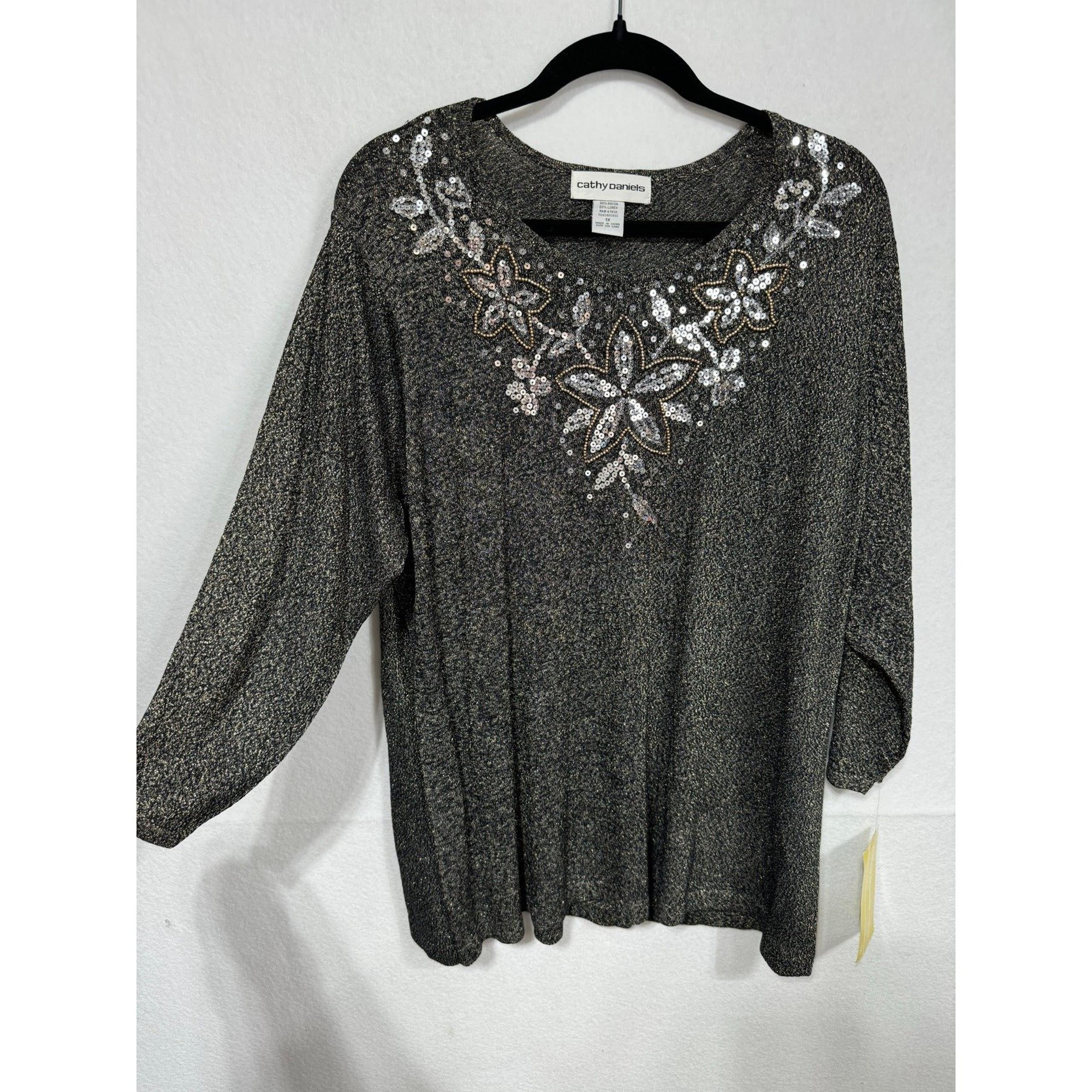 Cathy Daniels Black Metallic Floral Sequin Embellished Top Plus Size 1X NWT