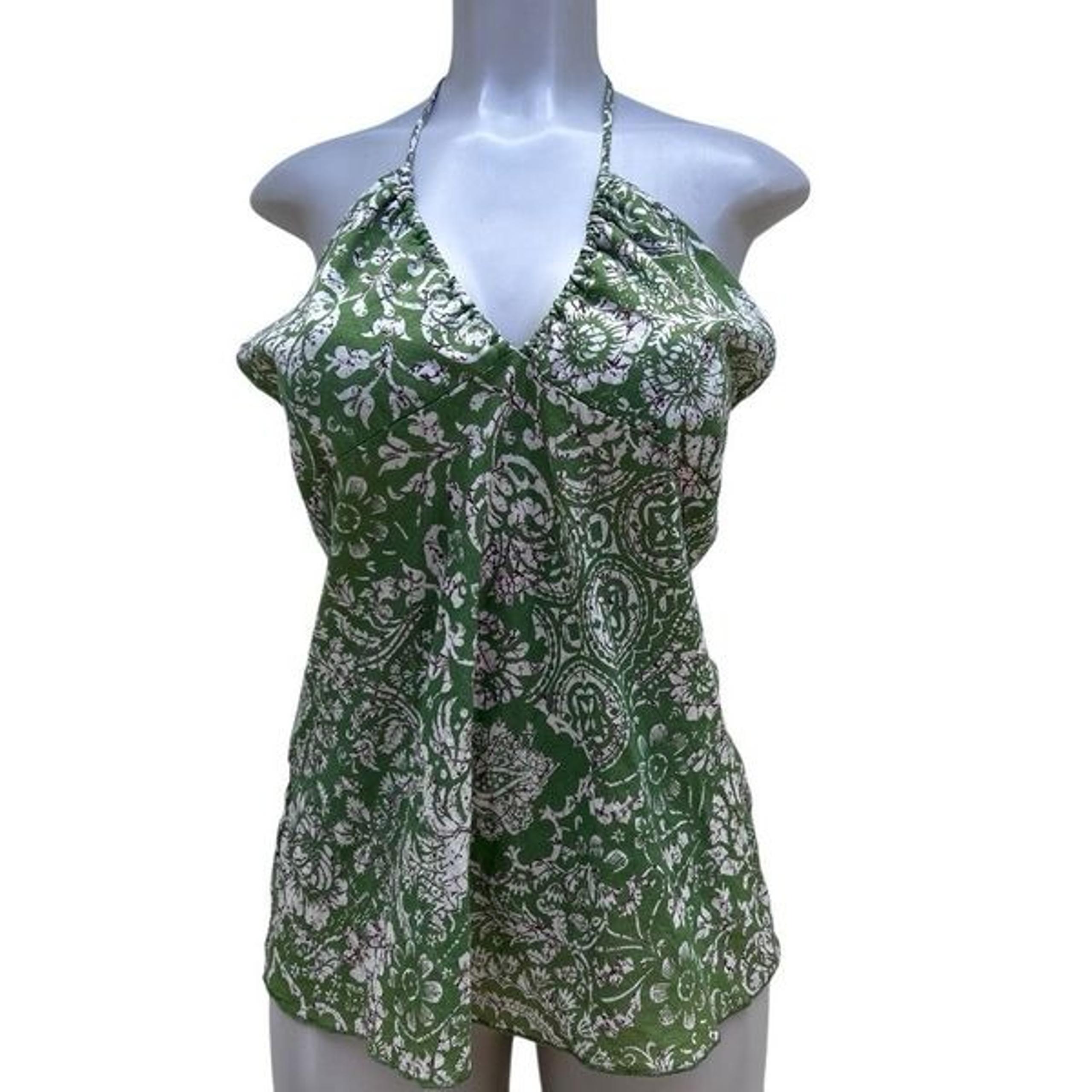 Charlotte Russe Halter Tank Top Womens Large Green White Floral Cotton Open Back