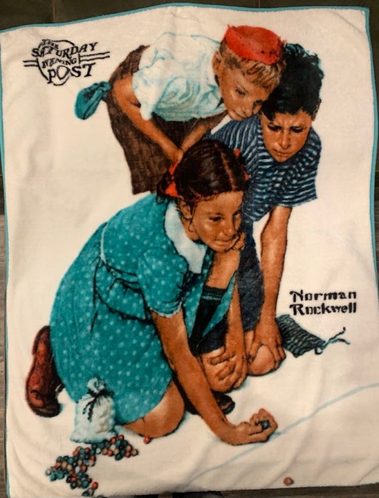 Vtg Norman Rockwell Throw Blanket Acrylic Children Playing Marbles 4' x 5'