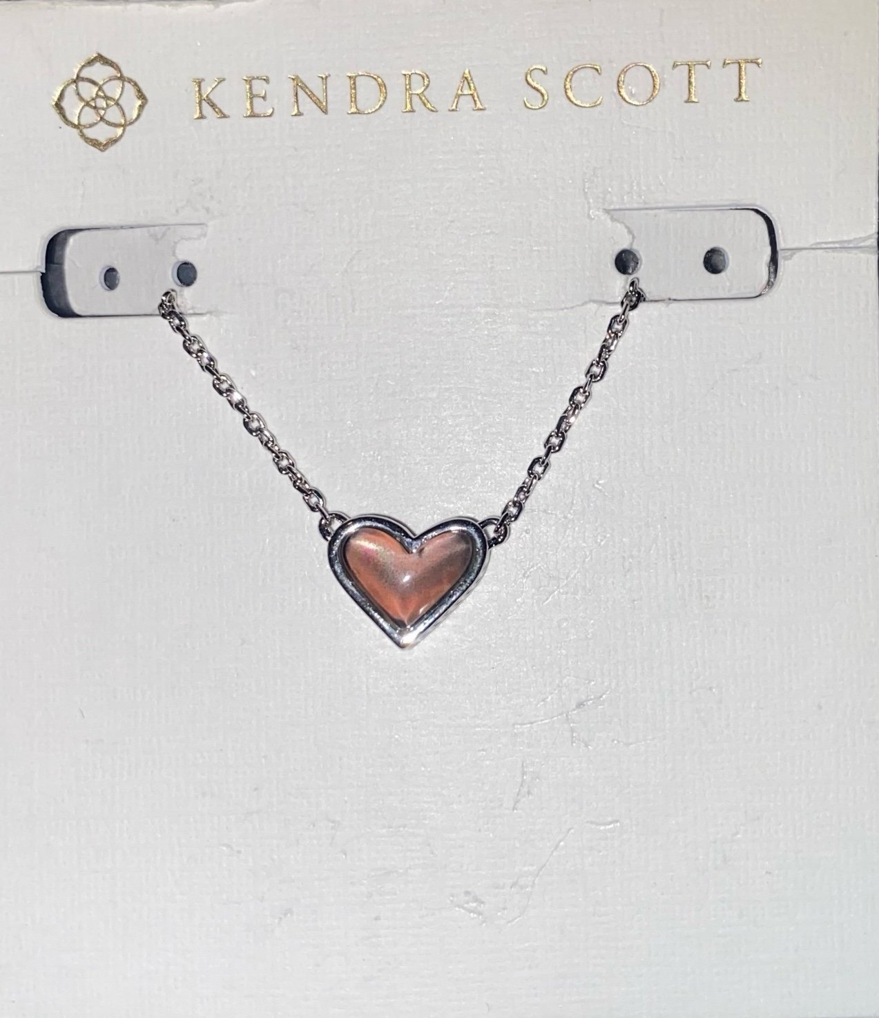 BNWT Kendra Scott Framed Ari Heart Silver Short Pendant Necklace in Blush Dichro