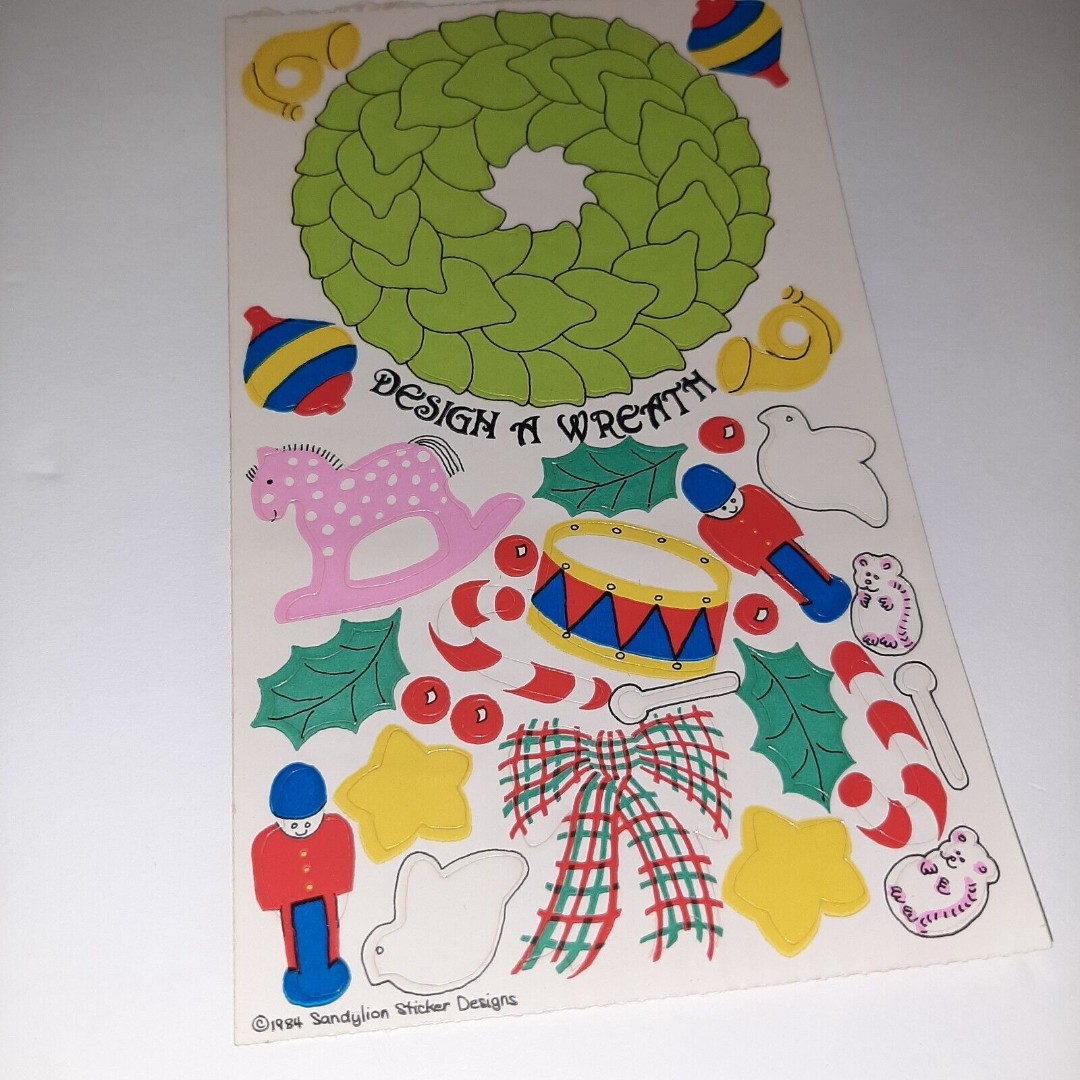 Vintage Maxi Activity Sheet Stickers Sandylion Design A Wreath Christmas 1984