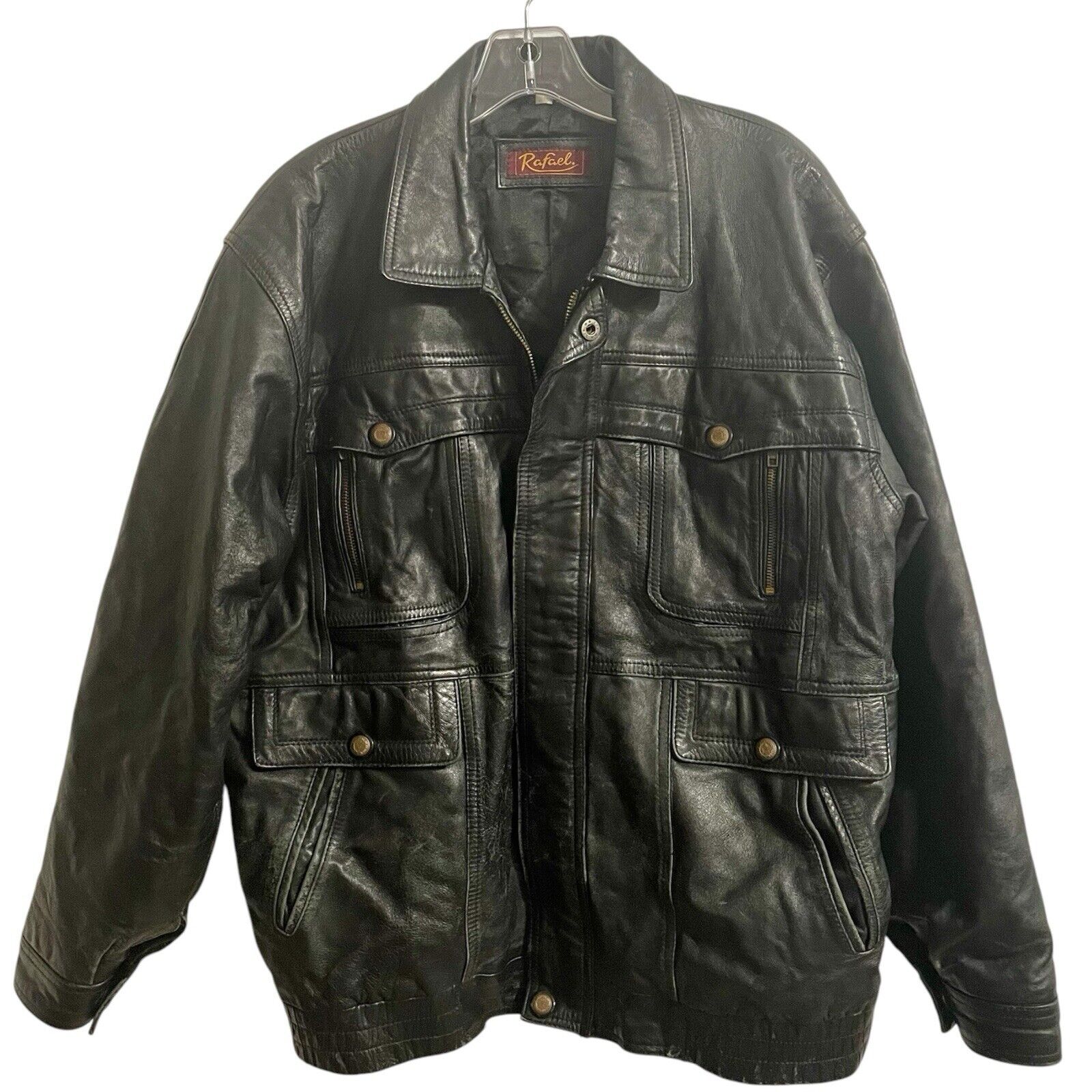 Vintage RAFAEL Leather Bomber Jacket Size Large Men Black 80s Moto Biker