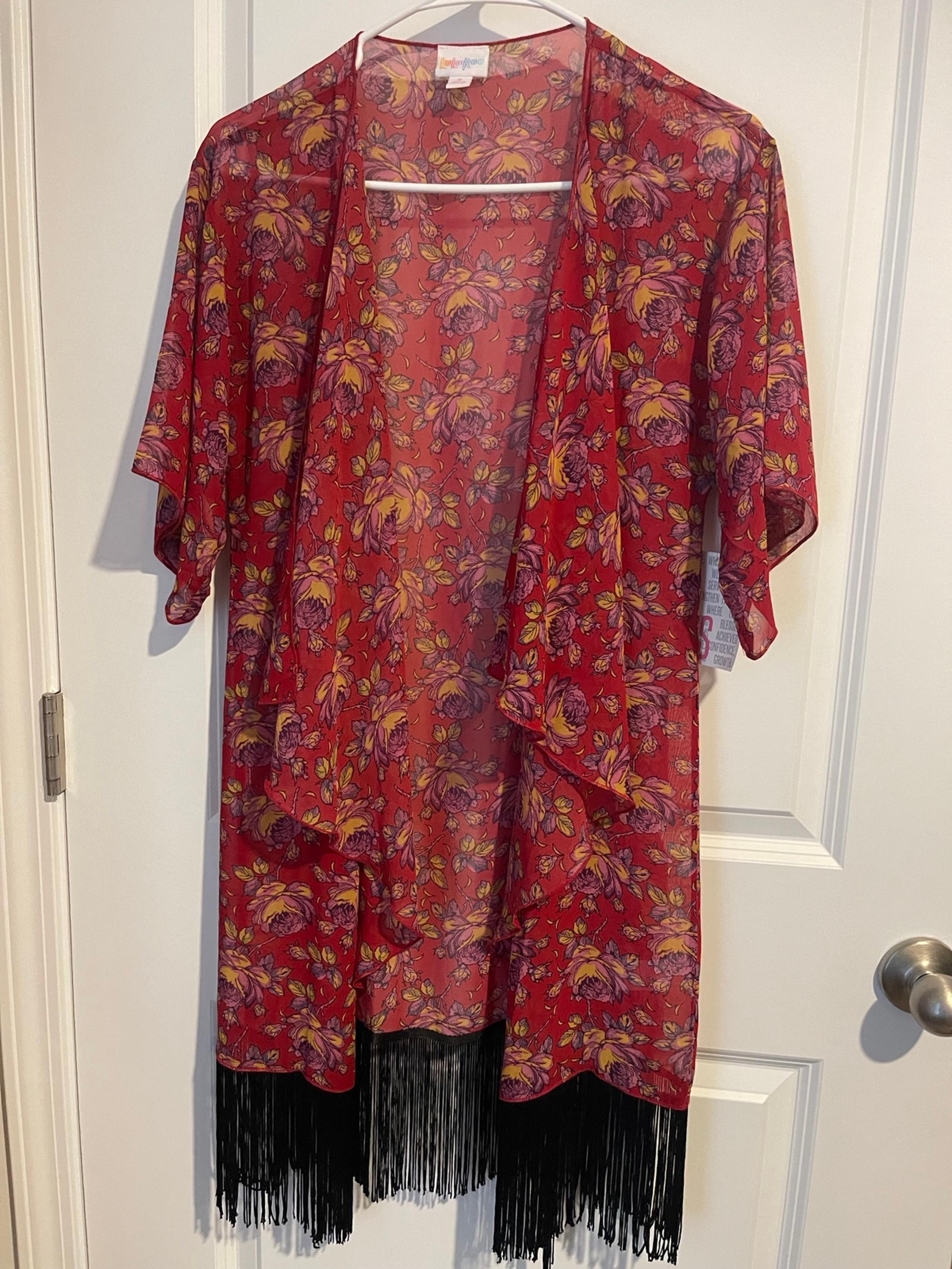 NWT LuLaRoe Size S Red Floral Sheer Long Jacket/Wrap with Fringe