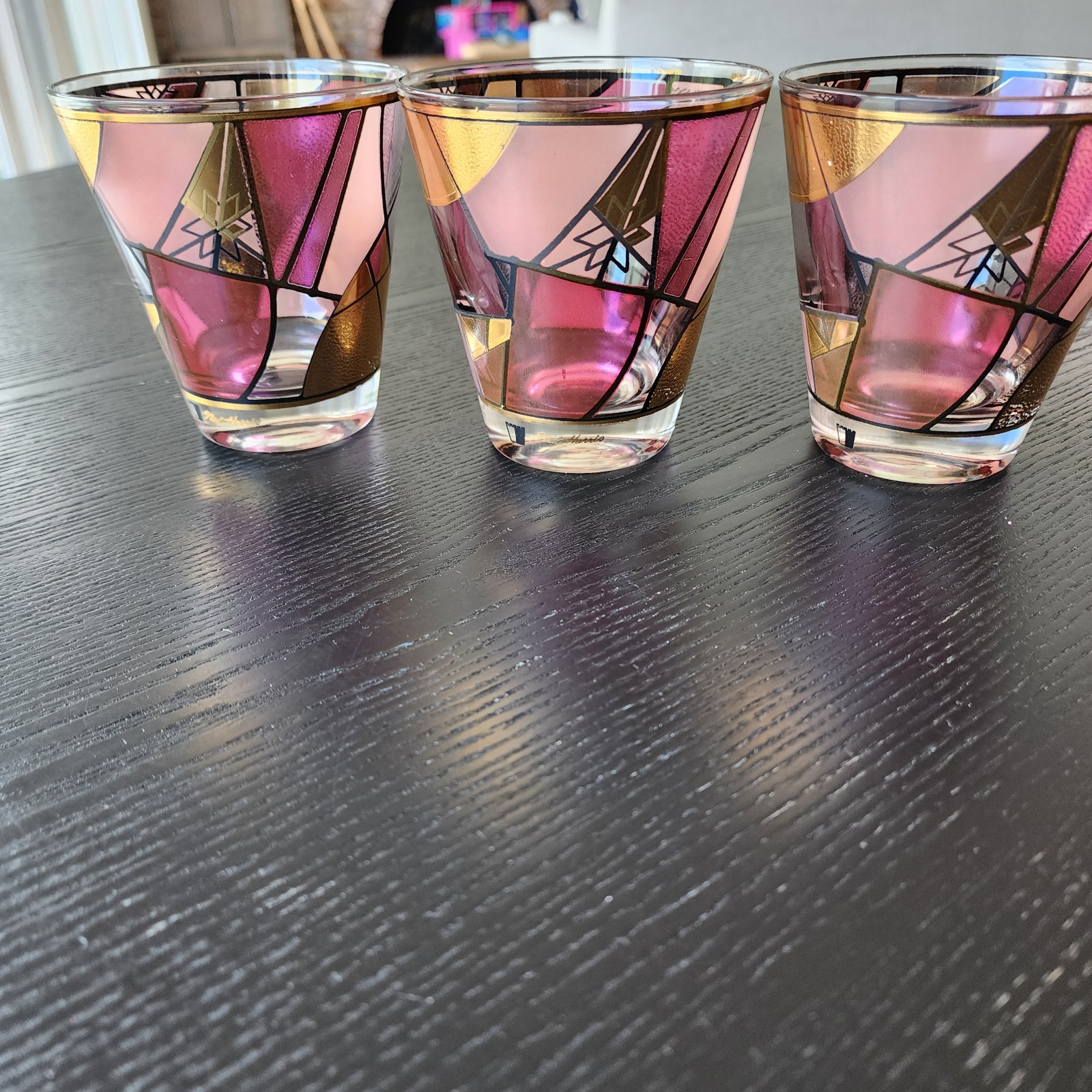 Vtg 3 MCM Ned Harris signed Pink & Purple Abstract Double Old Fashion Glasses