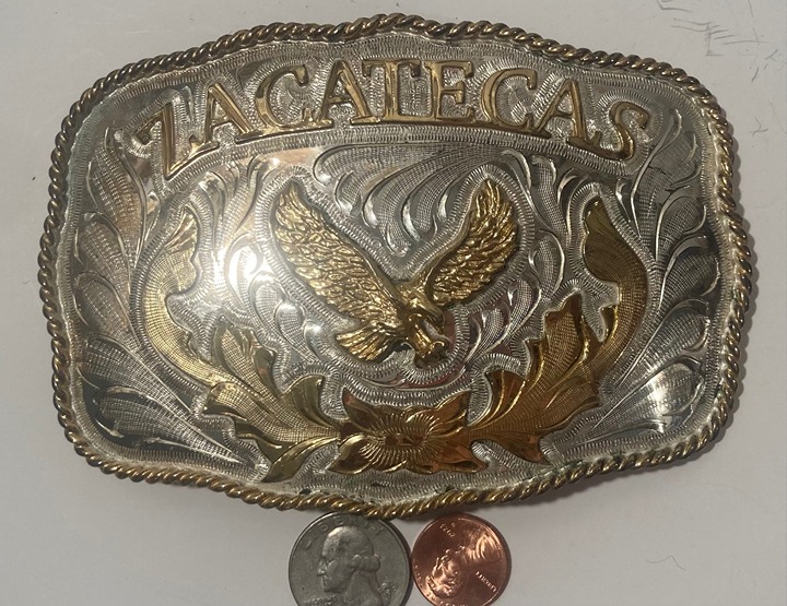 Vintage Metal Belt Buckle, Silver and Brass, Big Size, Eagle, Zacatecas, Nice