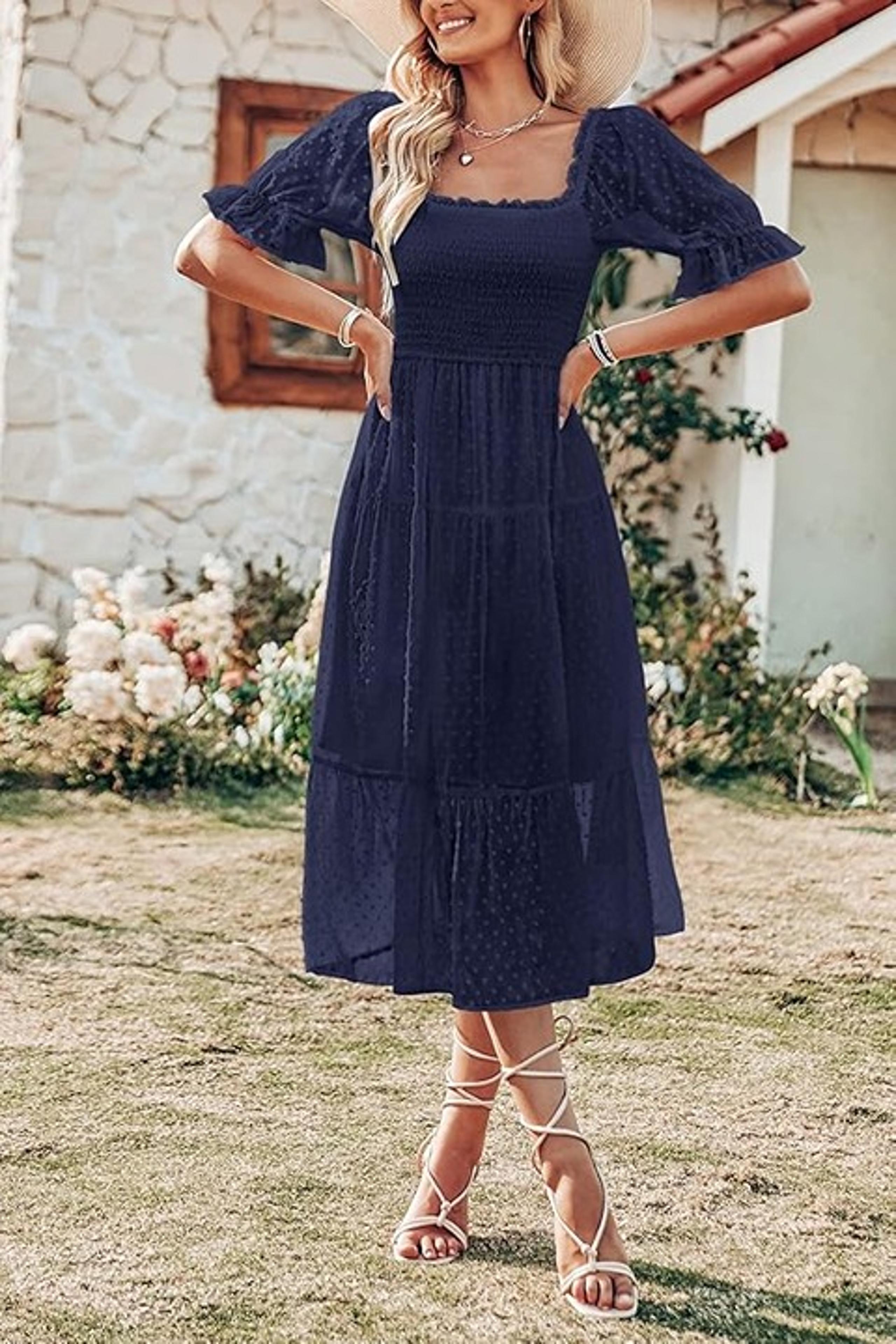Women's Spring Summer Dresses Square Neck Puff Sleeve Ruffle Midi Dress Boho L