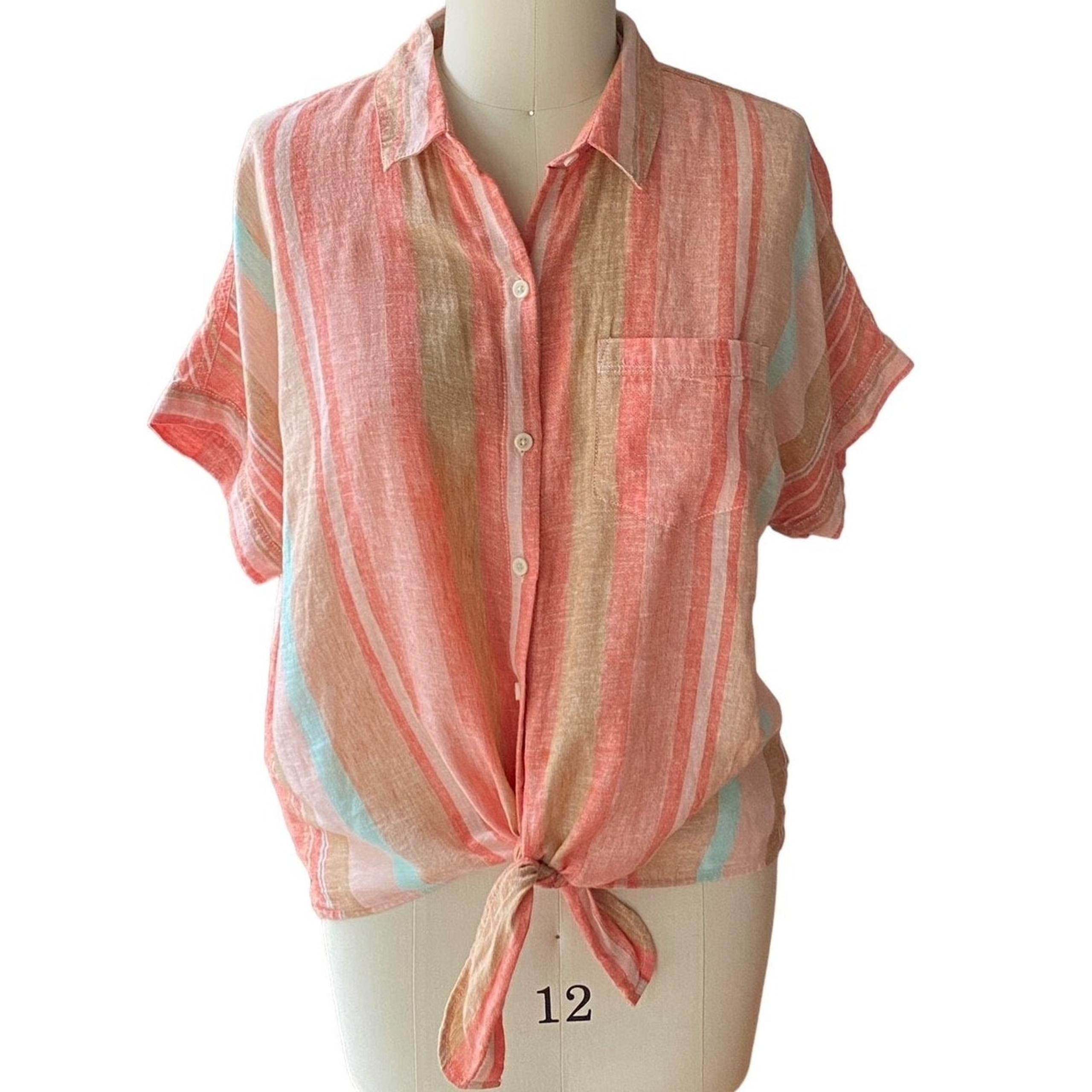NWT ~ Linen BEACH LUNCH LOUNGE Short Sleeve Tie Waist Blouse ~ Women's LARGE