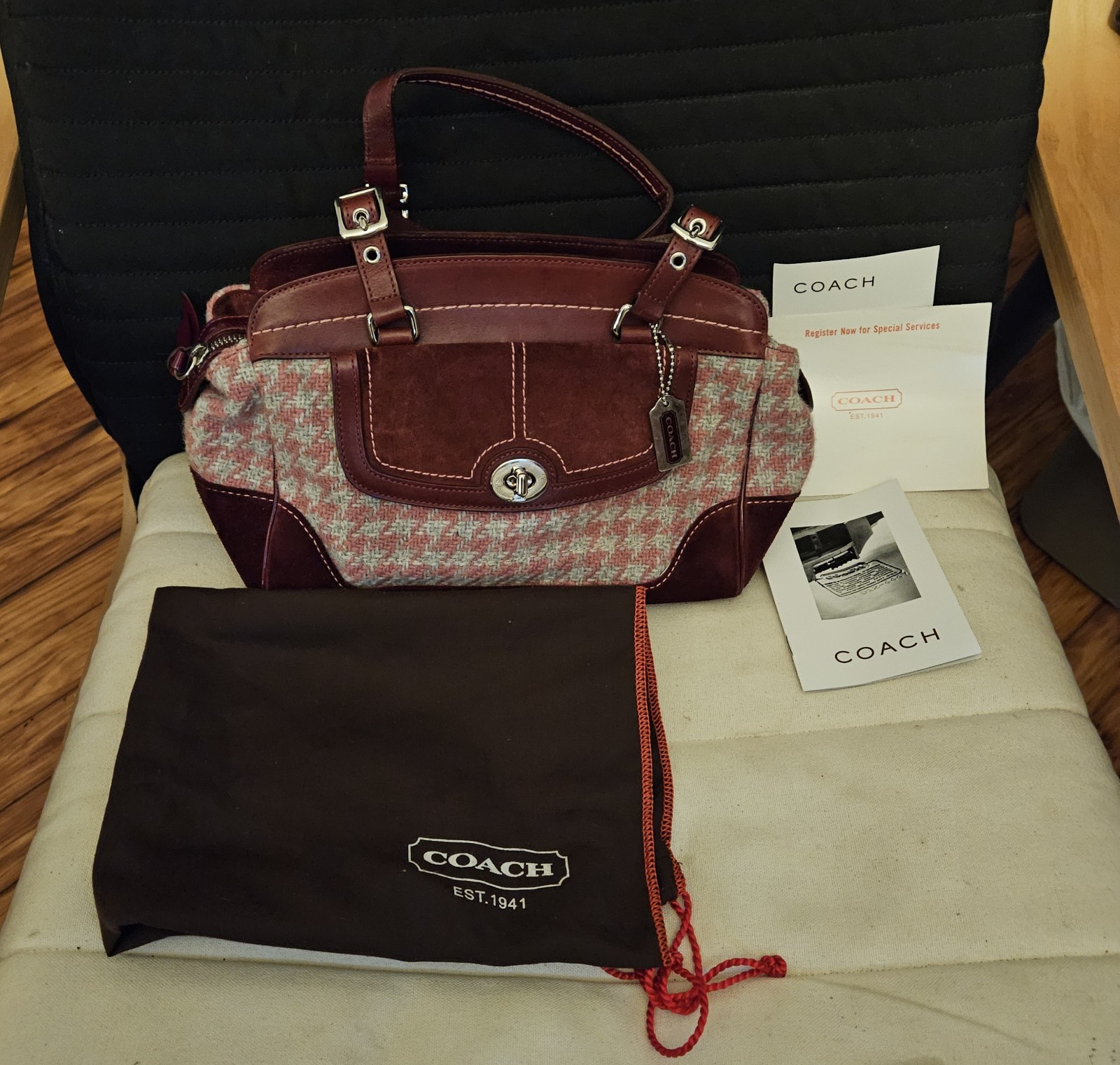 Coach Vintage Rare Houndstoorh Burgundy Purse in.wool/leather NWT