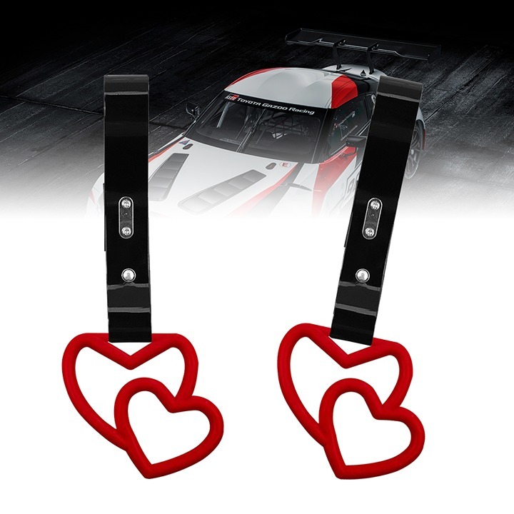 NEW 2PCS DOUBLE LOVE HEART RED JDM TSURIKAWA RING Black Handle Strap Drift