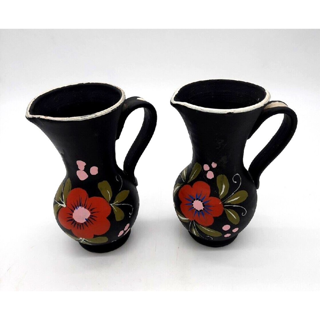 Vtg Italian Handmade Pottery Set Of Two 6.5 Black Pitcher Vases With Red Floral