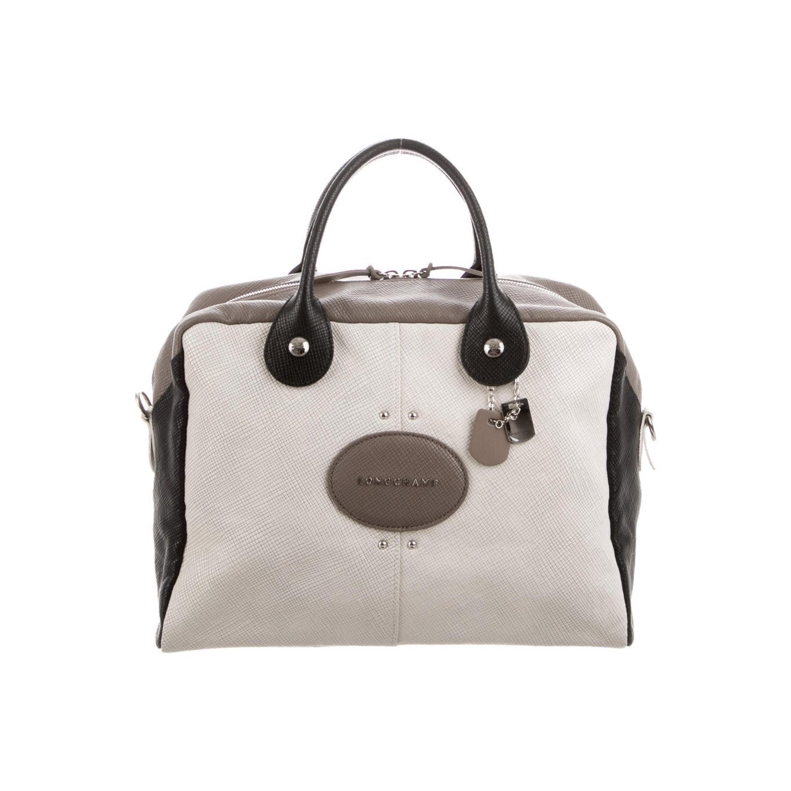 LONGCHAMP Large Embossed Tri-Quadri Satchel Silver Tone Hardware White Straps