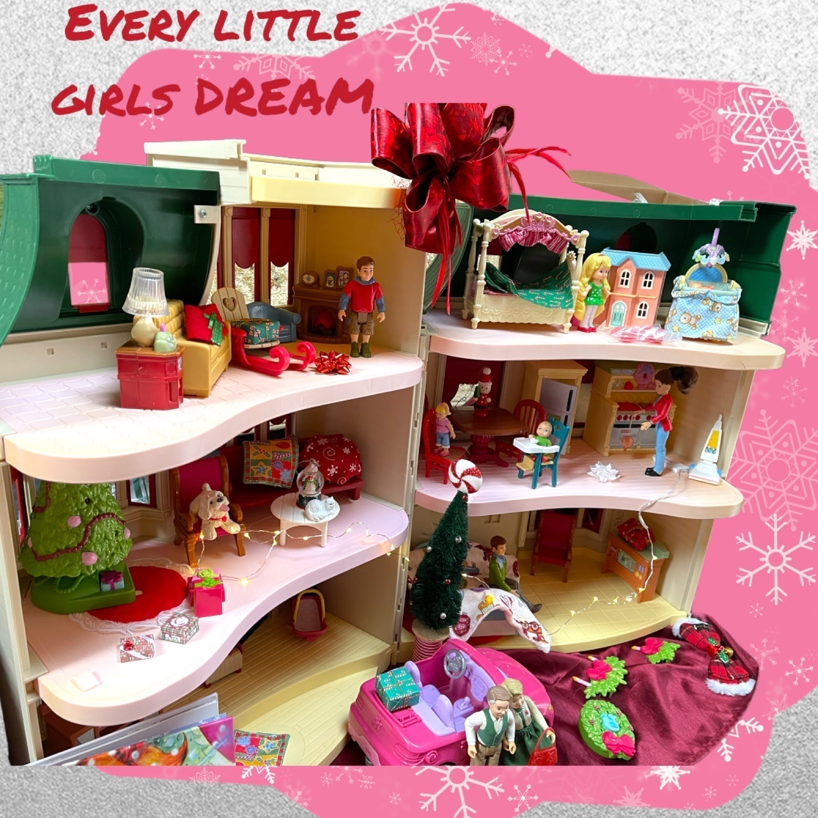 Loving family Christmas dollhouse rare!! Furniture & people grandparents car❤️++