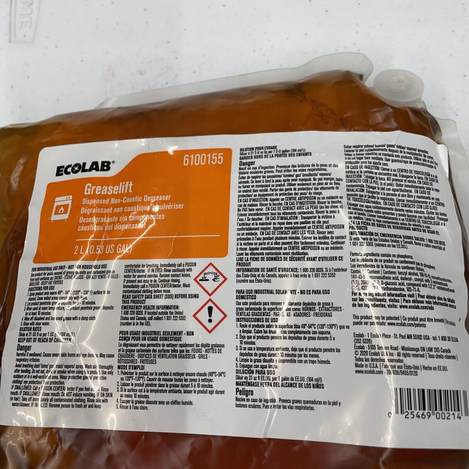(1) Ecolab 6100155 GreaseLift Non-Caustic Degreaser 4 Liter Bag S8