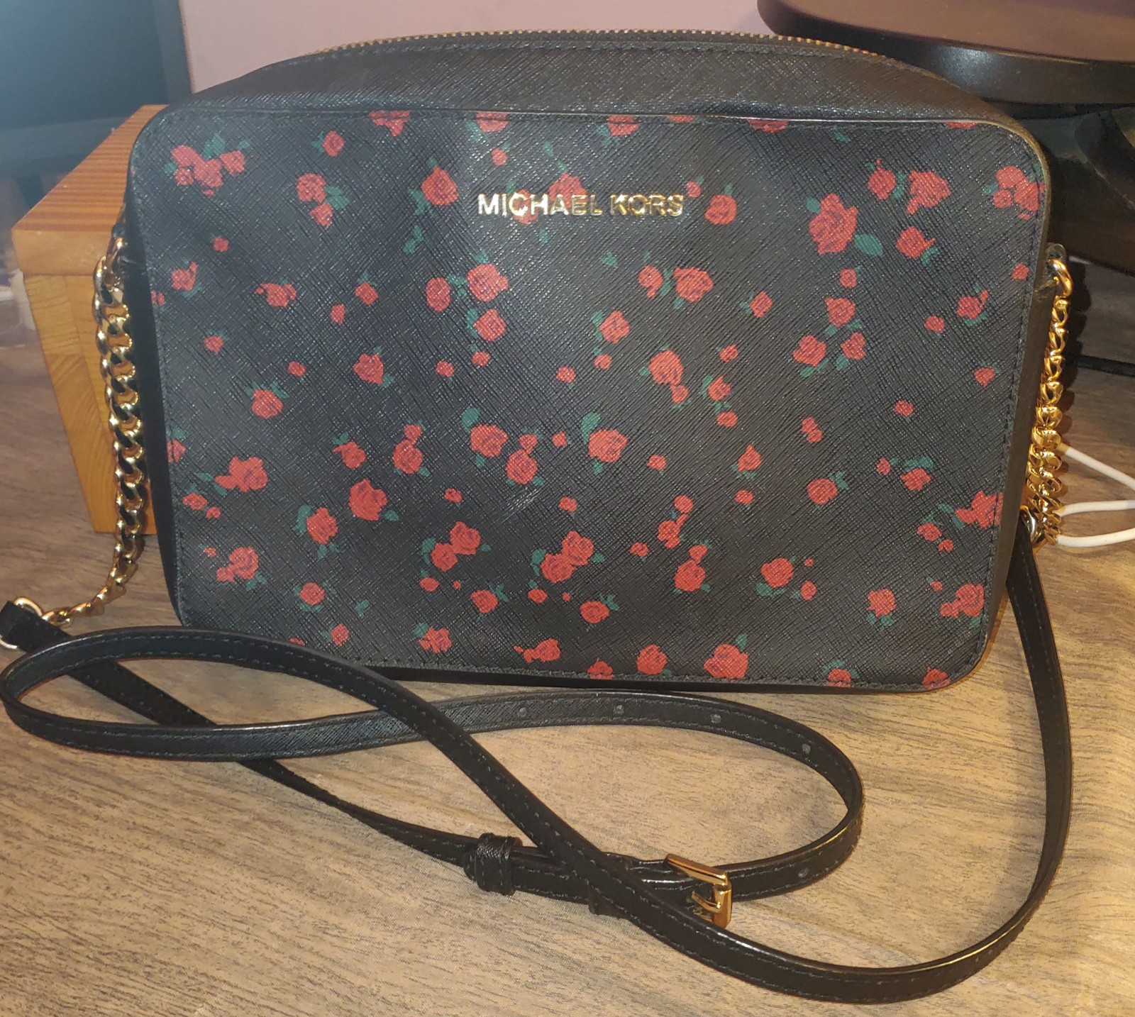 Michael Kors Jet Set Black Roses Saffino Crossbody.