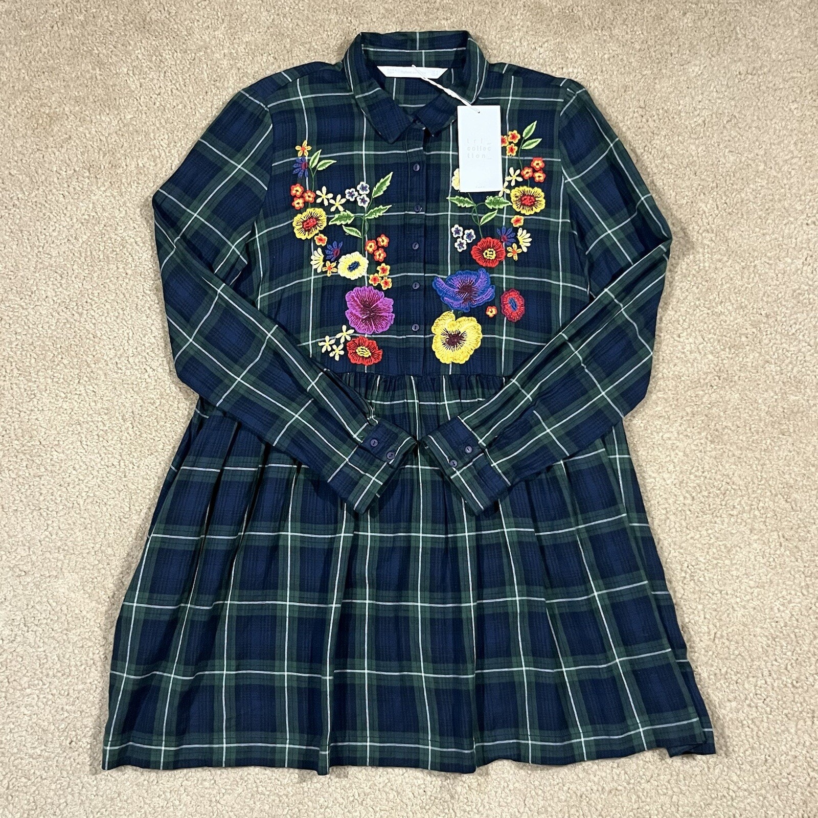NWT Zara Trafaluc Green Plaid Floral Embroidered Dress Size Medium