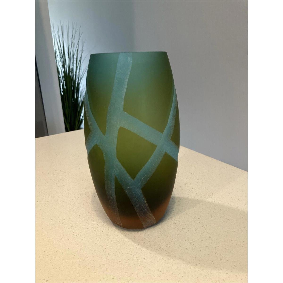 Olive Green and Turquoise Large Vintage Etched Vase