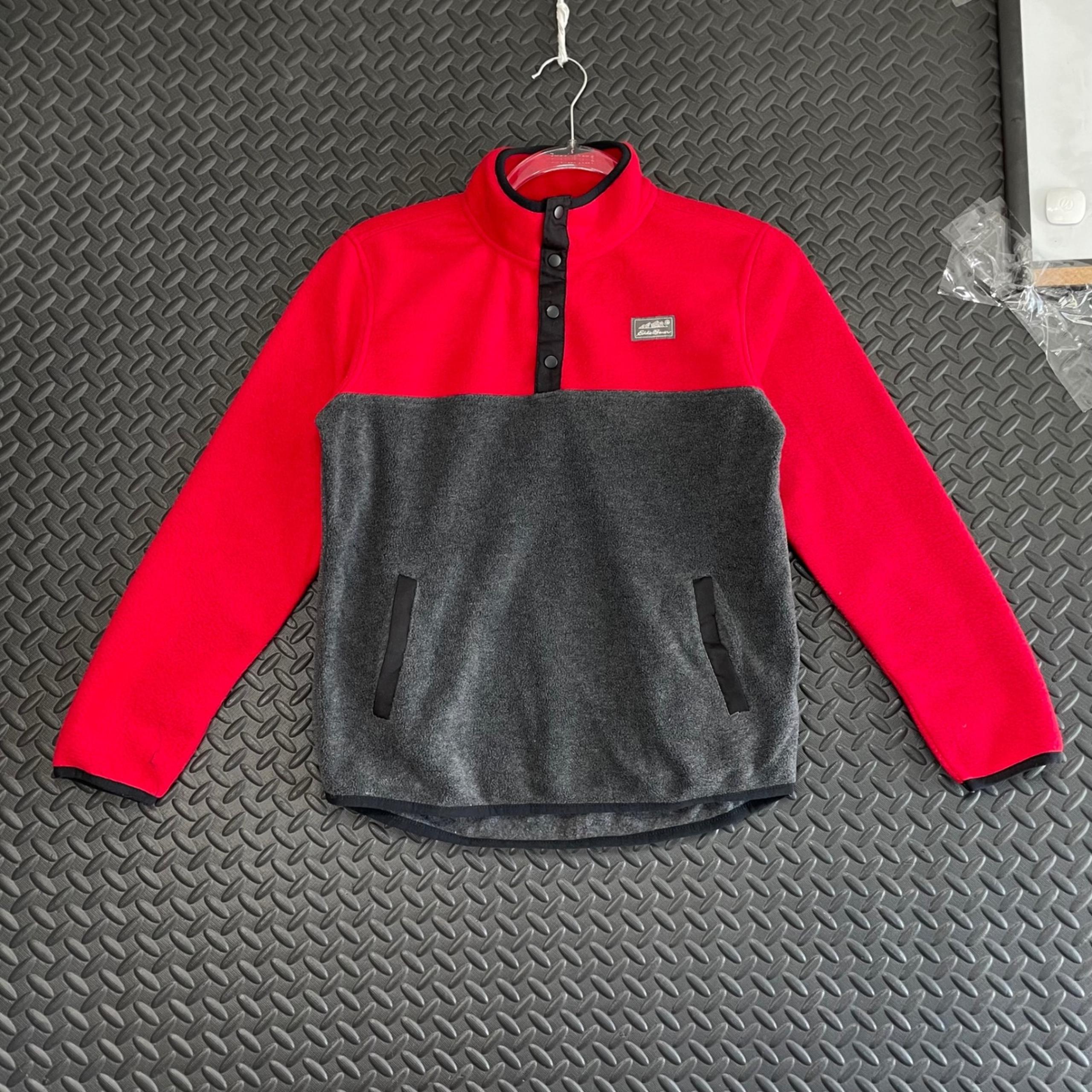 Eddie Bauer Red Gray Fleece Henley Style Pullover Sweater Youth Size Medium