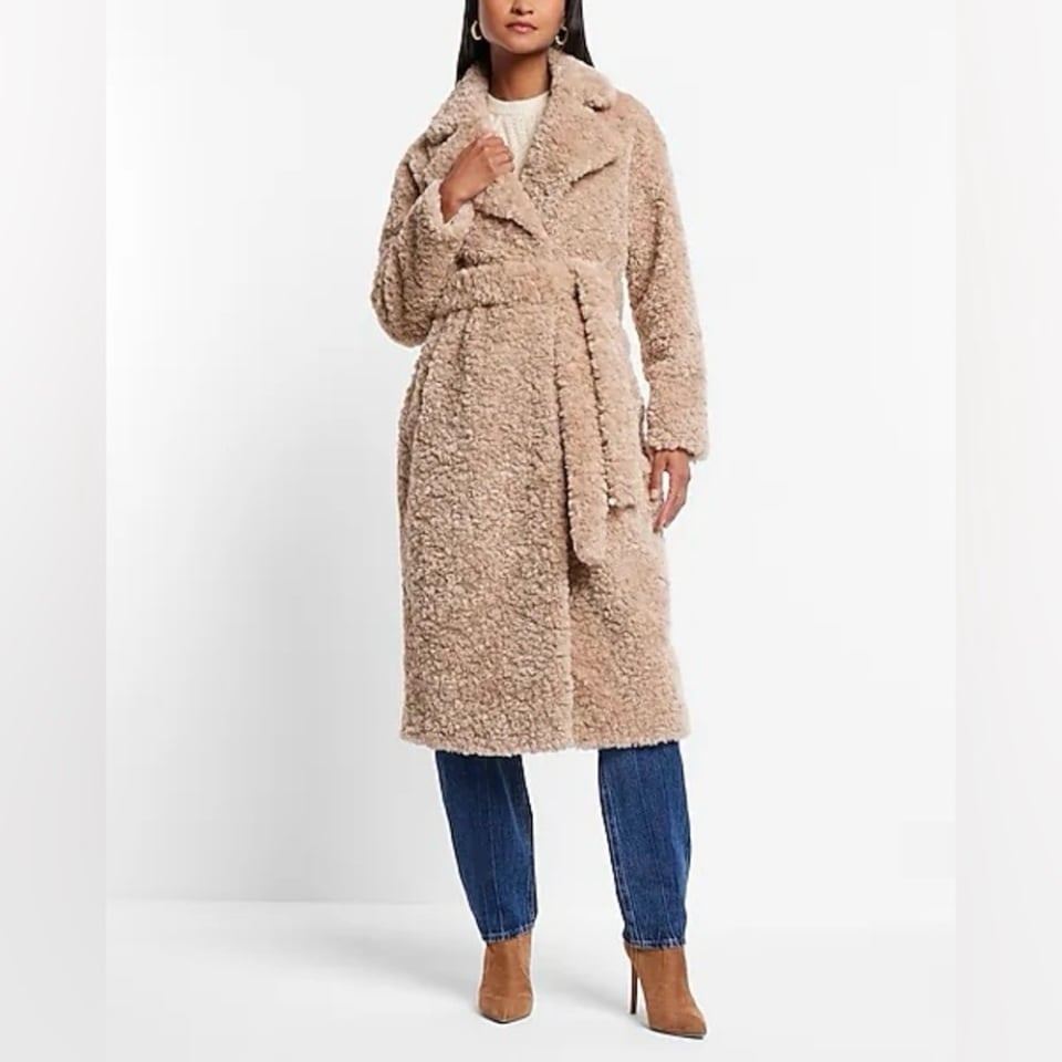 Express Belted Fluffy Faux Fur Light Brown Nude Beige Trench Coat Size XL