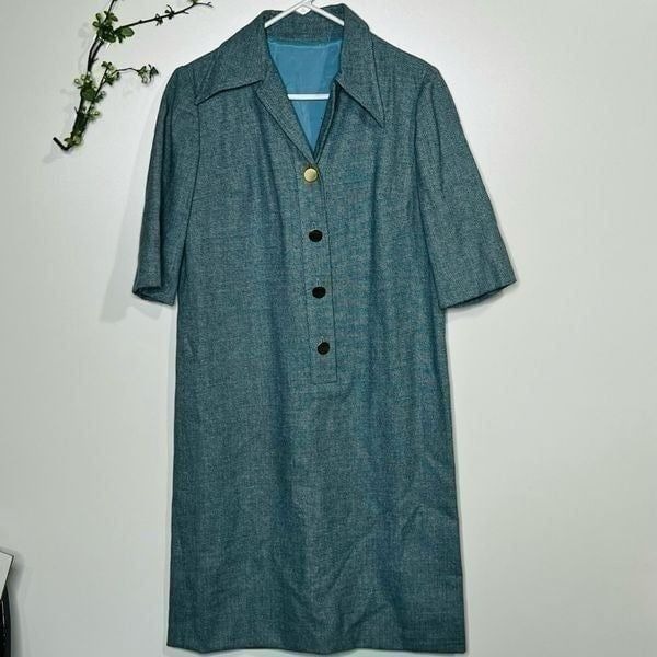 Vintage Blue Patterned Mad Men Structured Collared Dress Gold Buttons