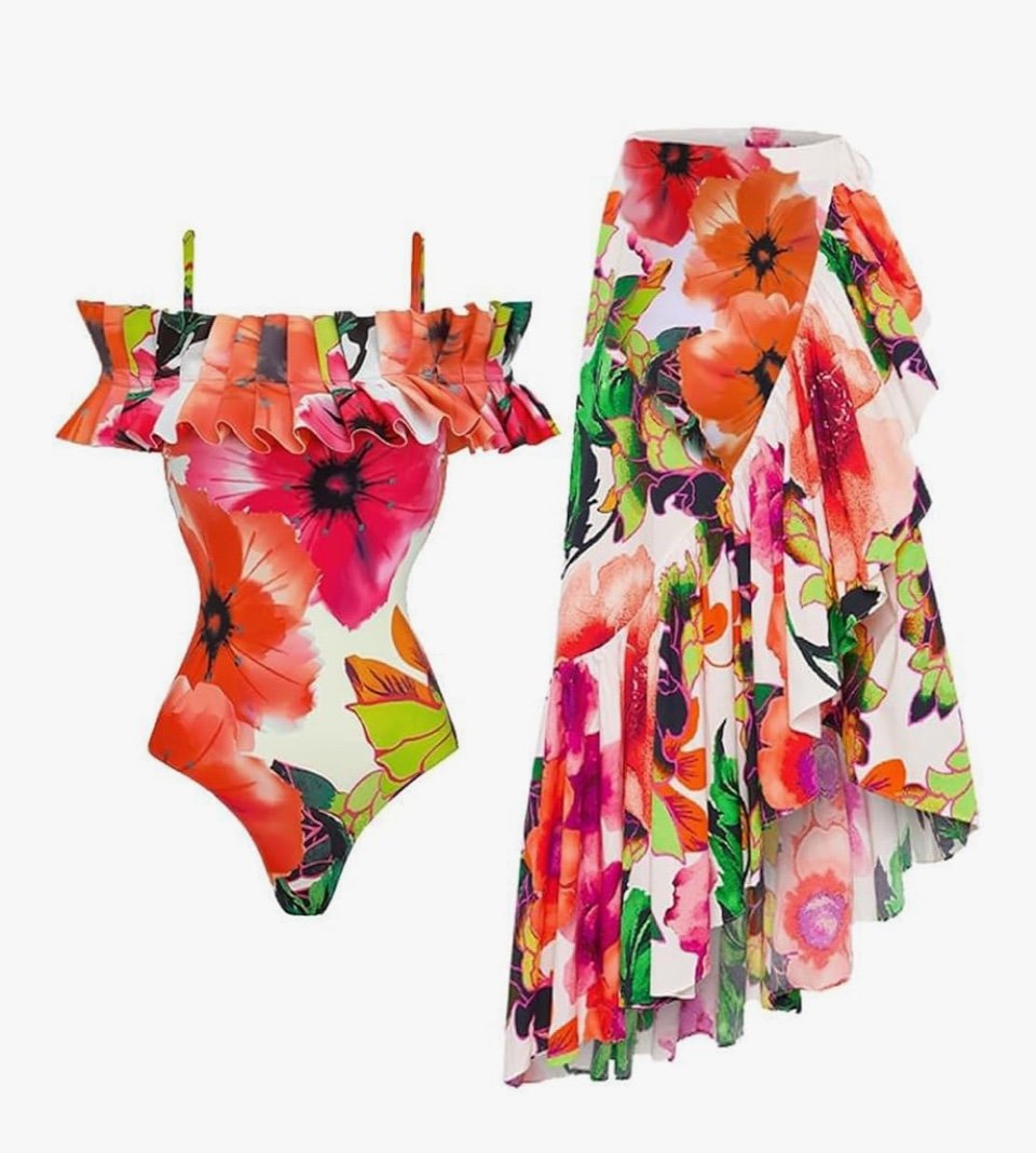 Women One-Piece Swimsuit with Cover up Sarong Wrap Skirt 2PCS Floral