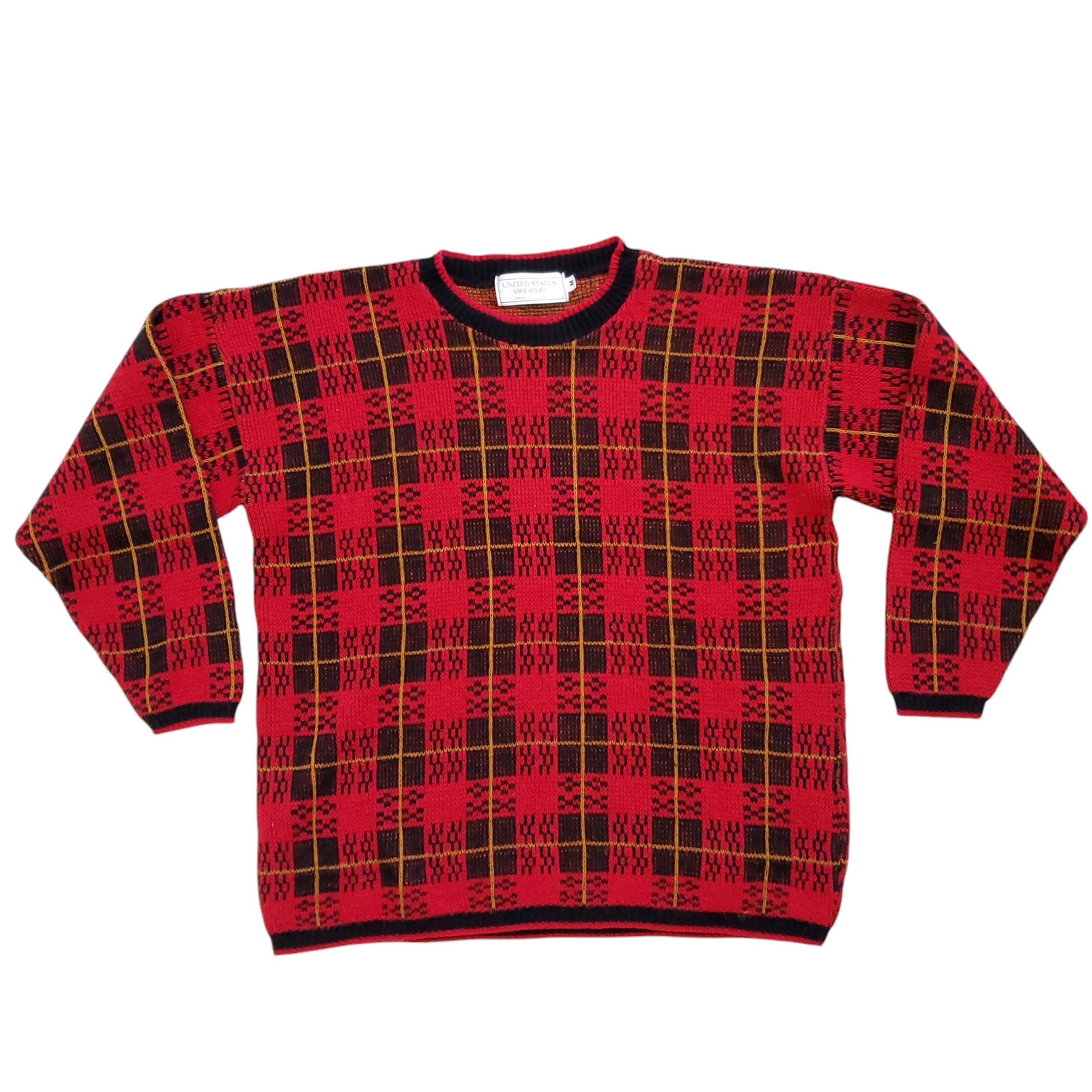 United States Sweaters Vintage Long Sleeve Pullover Red Plaid Sweater Med Petite