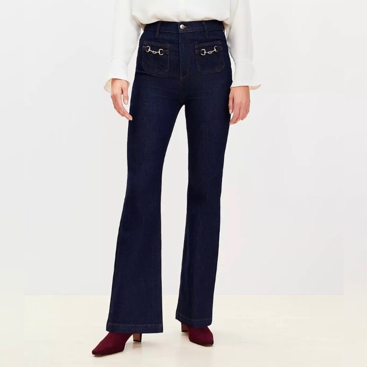 LOFT | Horsebit High Rise Slim Flare Jeans in Classic Rinse Wash 30 /10