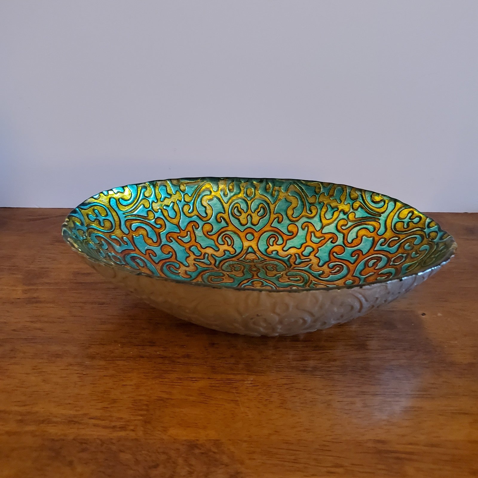 ArdaCam The Art of Tabletop Hand Painted Glass Serving Bowl Turq & Gold, 11 HTF