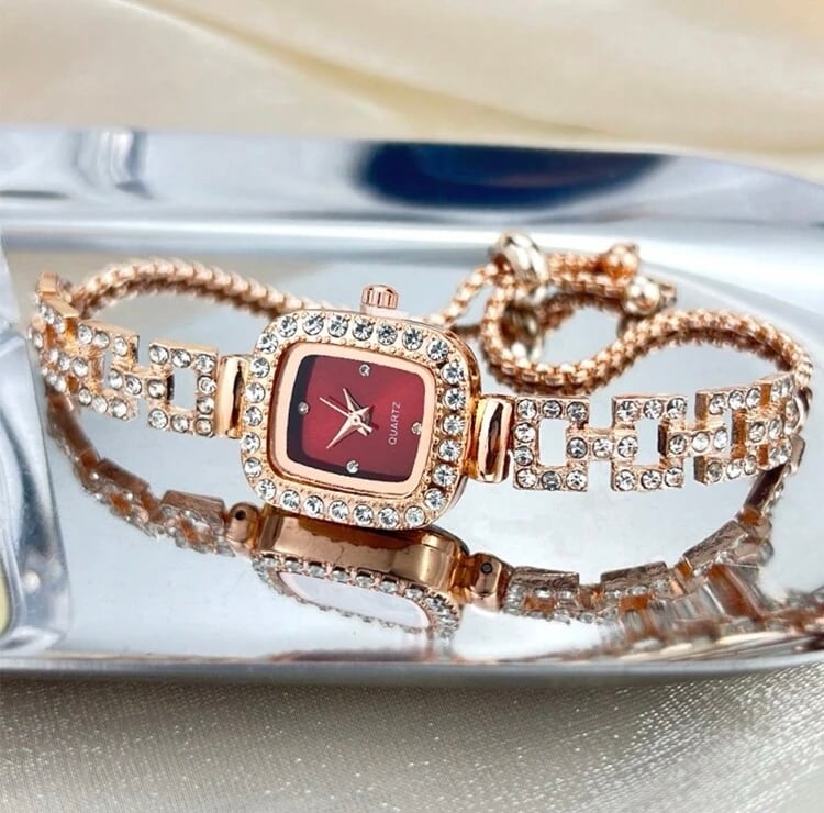 Red Square Faced Rhinestone & Gold Bolo Watch