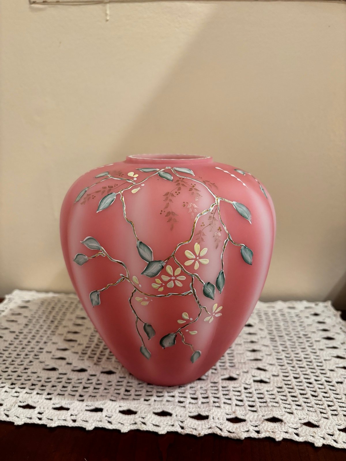Fenton ROSALENE SATIN VASE.. “TWINING FLORAL DESIGN**Connoisseur Collec 1992