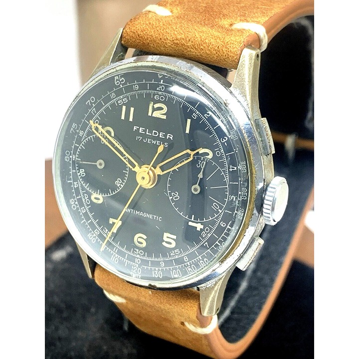 Felder Delbana Men's Watch Vintage Swiss Manual Wind WWII Chronograph Black Dial