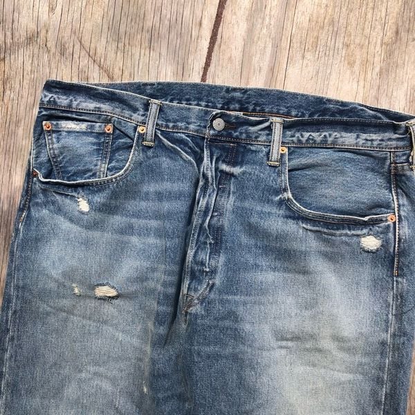 LEVIS VINTAGE 501 DISTRESSED FADED RIPPED DENIM BLUE JEANS 90s shops MENS SIZE 38x30