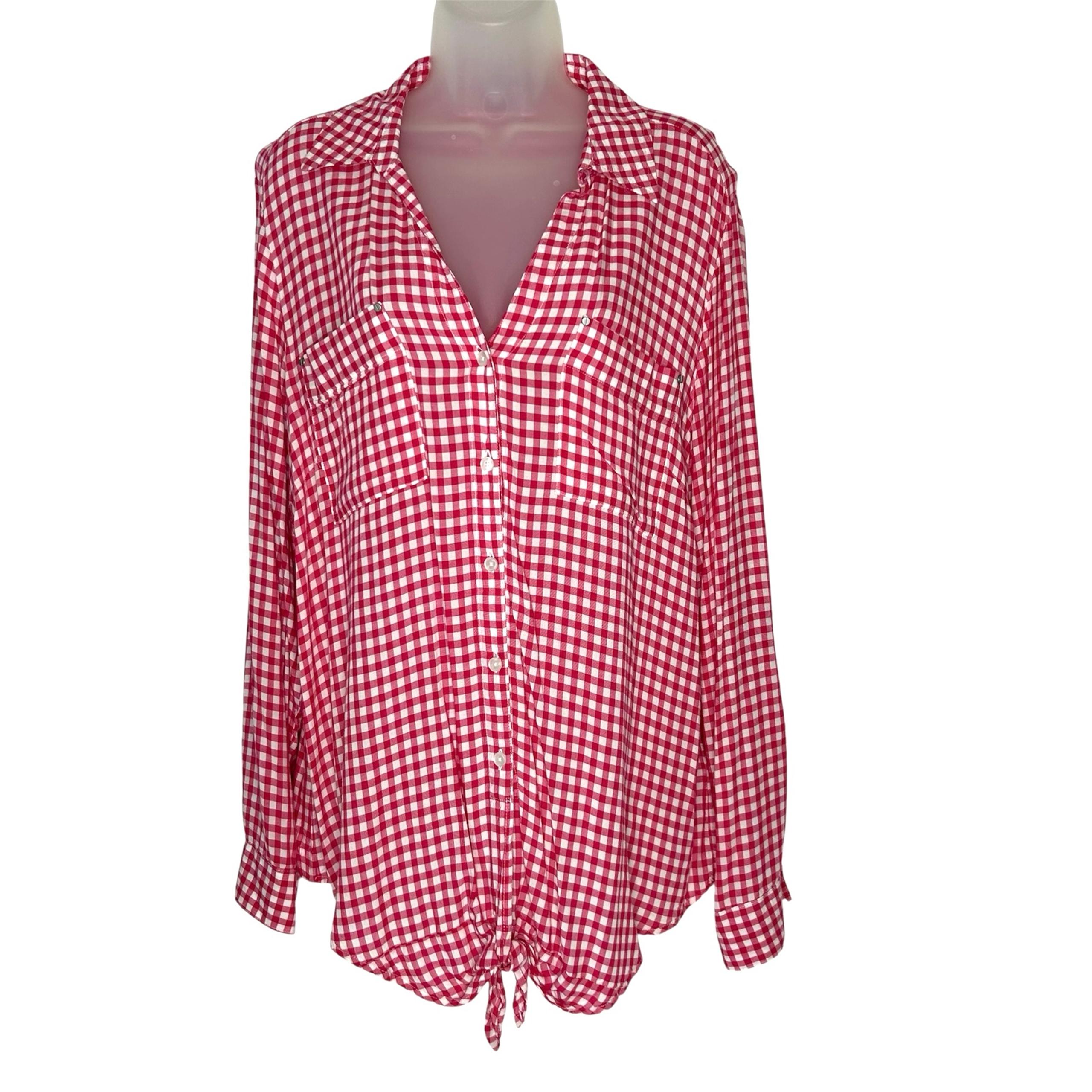 JONES NEW YORK Women XL Pink Red White Gingham Tie Front Button Up Shirt Blouse