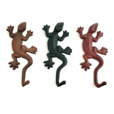 3 Cast Iron Lizards Geckos Wall Hooks Set Brown, Green, Burnt Orange