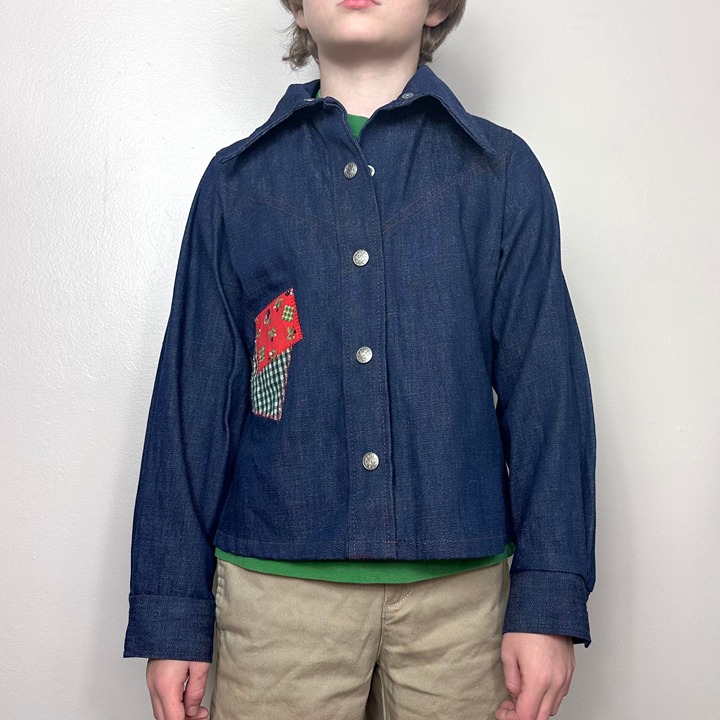 Vintage 1970s Girls Denim Jacket with Patches, Peaches ‘n Cream, Kids Size 8/10
