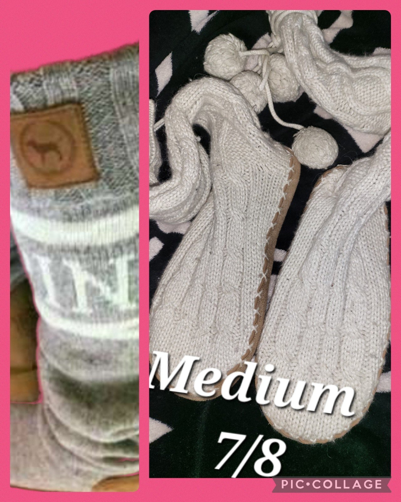 PINK VICTORIA SECRET SWEATER SOCK SHOES VINTAGE KNEE HIGH POM POMS 7/8