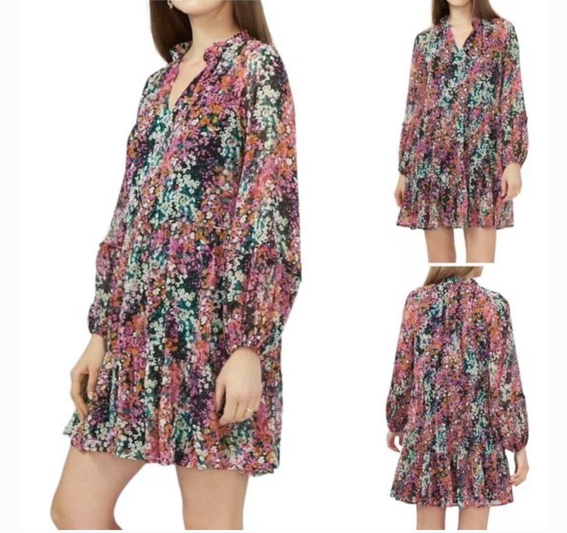 VINCE CAMUTO Chiffon Tiered Mini Dress Long Balloon Sleeve Floral Print XXL