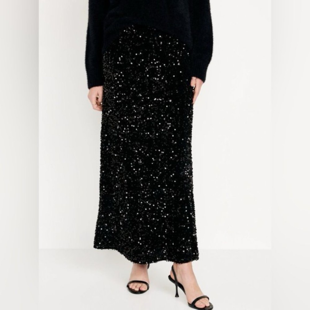 NWT! Black Sequin A-Line Maxi Skirt - Size XL