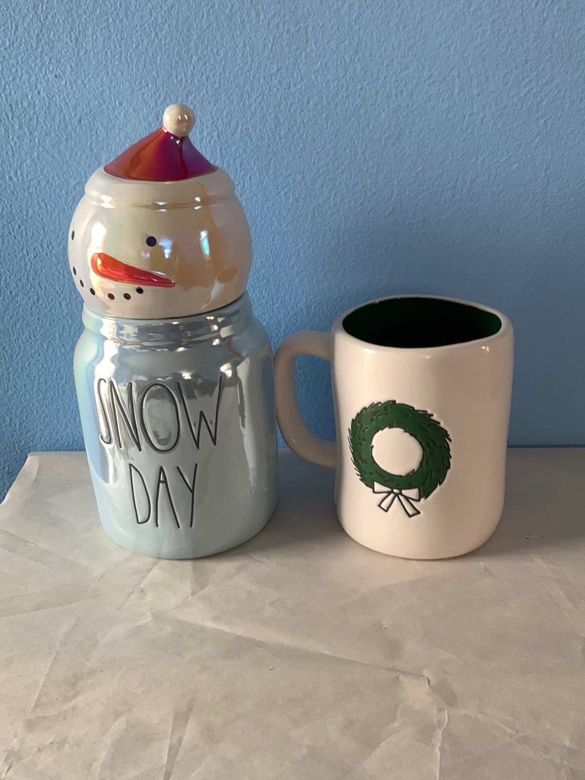 Rae Dunn christmas mugs snow day canister