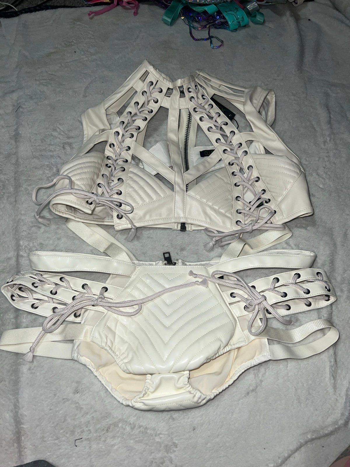 Medium white cream rude awakening lace up cut out harness shorts & bra set