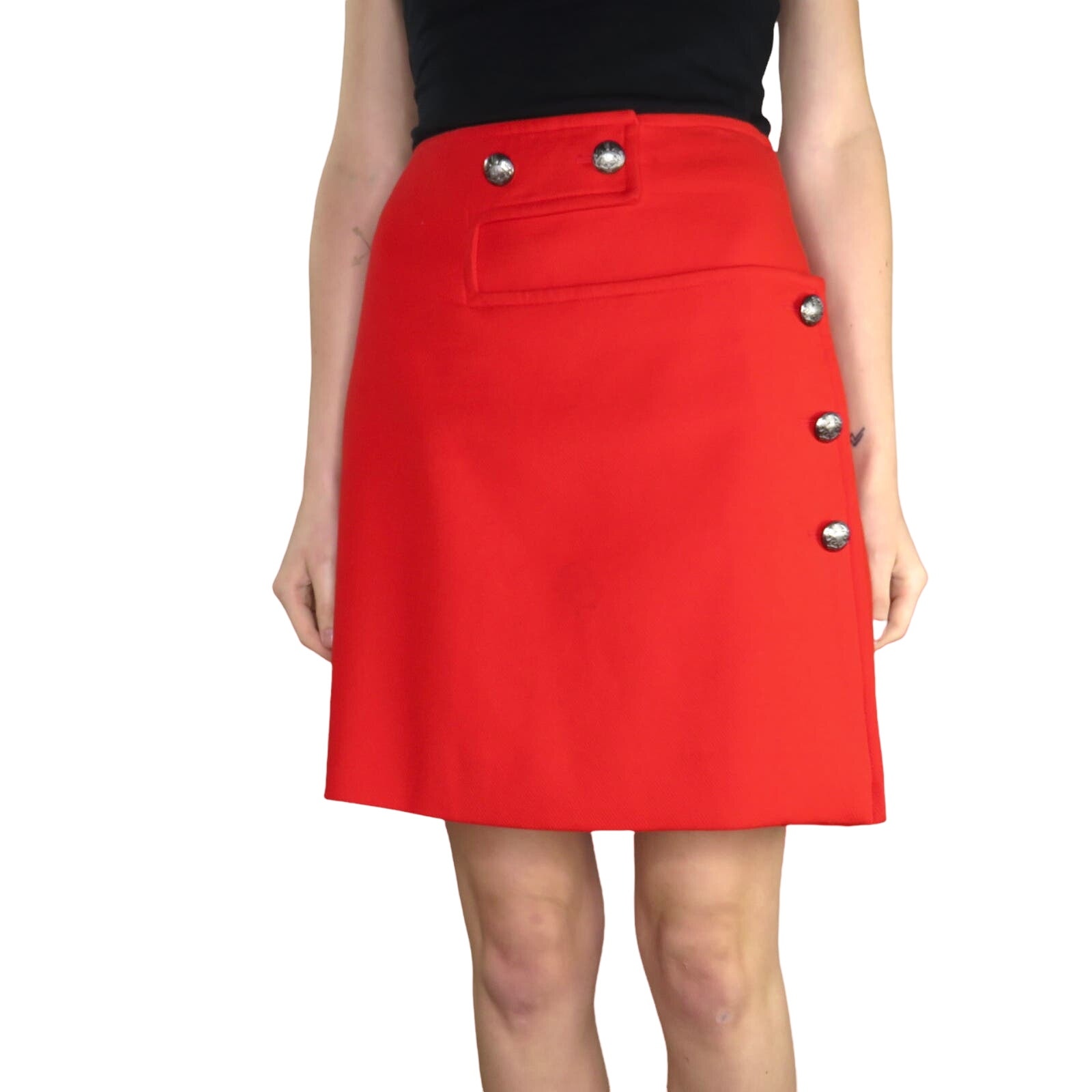 Etcetra by Carlisle Red Skirt With Sailor Buttons High Rise Midi Skirt Pencil 4