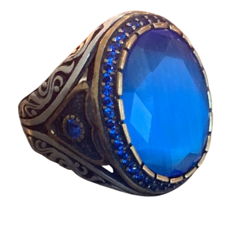 Handmade in Turkey Blue Sapphire Mens Size 10.5 Sterling Silver Statement Ring