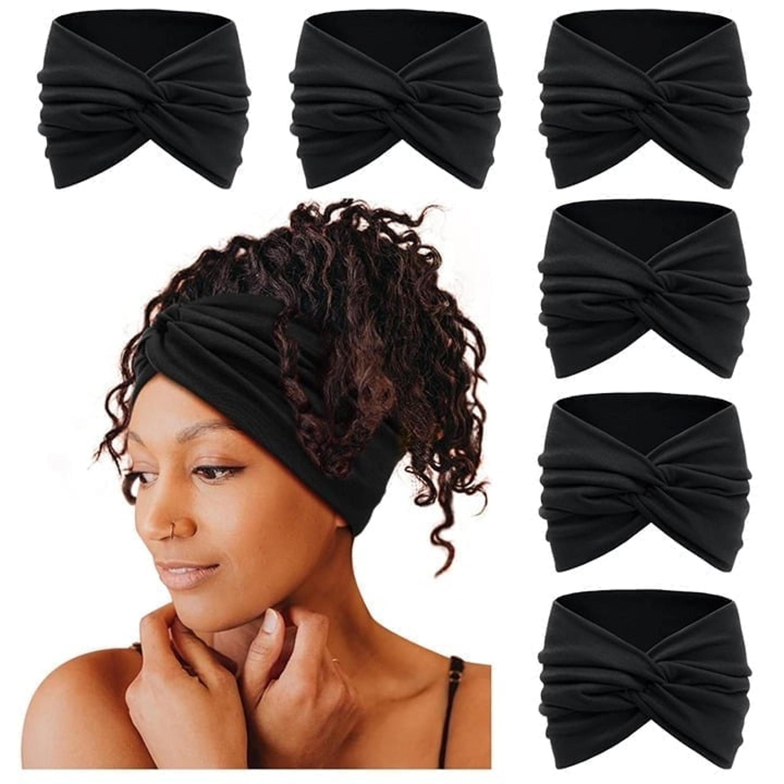 Wide Headbands for Women, 7'' Extra Large Black Turban Headband Twisted Knot 6pc