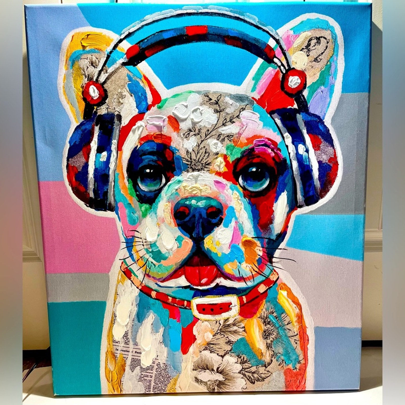 Bulldog with headphones canvas art