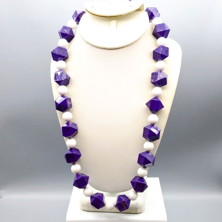 Chunky Vintage Beaded Necklace, Early Plastic Purple and White Strand