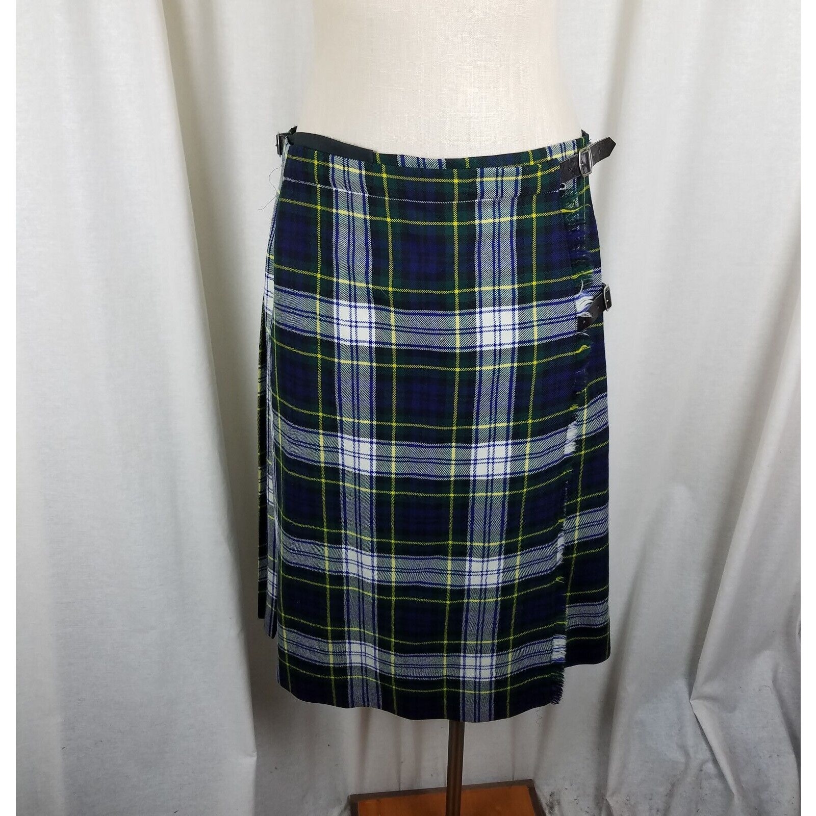 Vtg Kingdom of Fife Gordon Tartan Plaid Kilt Skirt Wool Fringe Wrap Womens 16