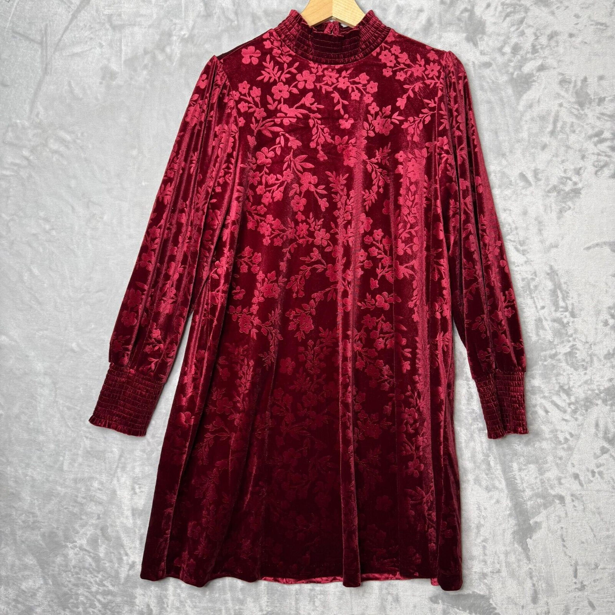 Matilda Jane Dress Womens Large Red Floral Velvet Long Sleeve Mock Neck A Line