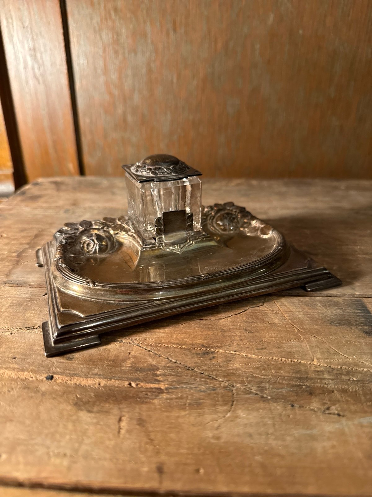 Antique Neoclassical silver plated & glass inkwell - marked DRGM 19784